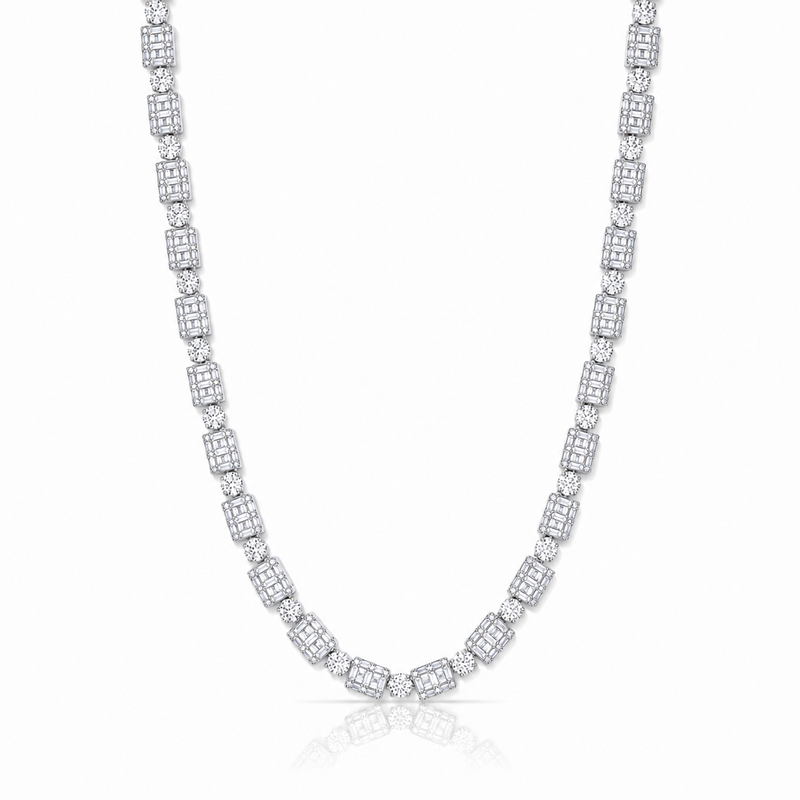 6.5mm baguette cluster tennis chain in 925 sterling silver, rhodium plated, set with cubic zirconia stones