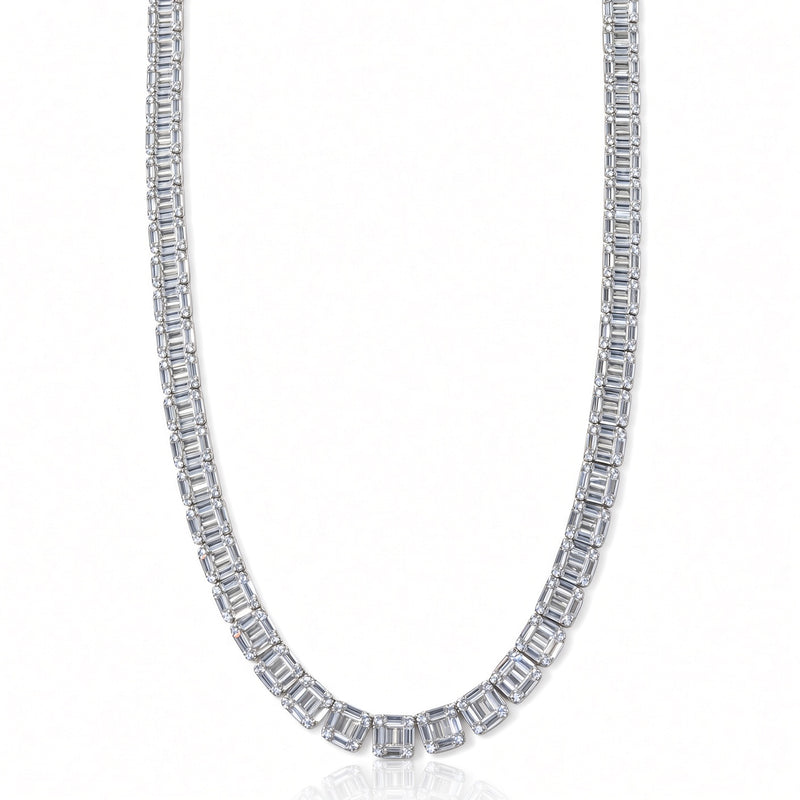 6.5mm baguette tennis chain in 925 sterling silver, rhodium plated, set with cubic zirconia stones