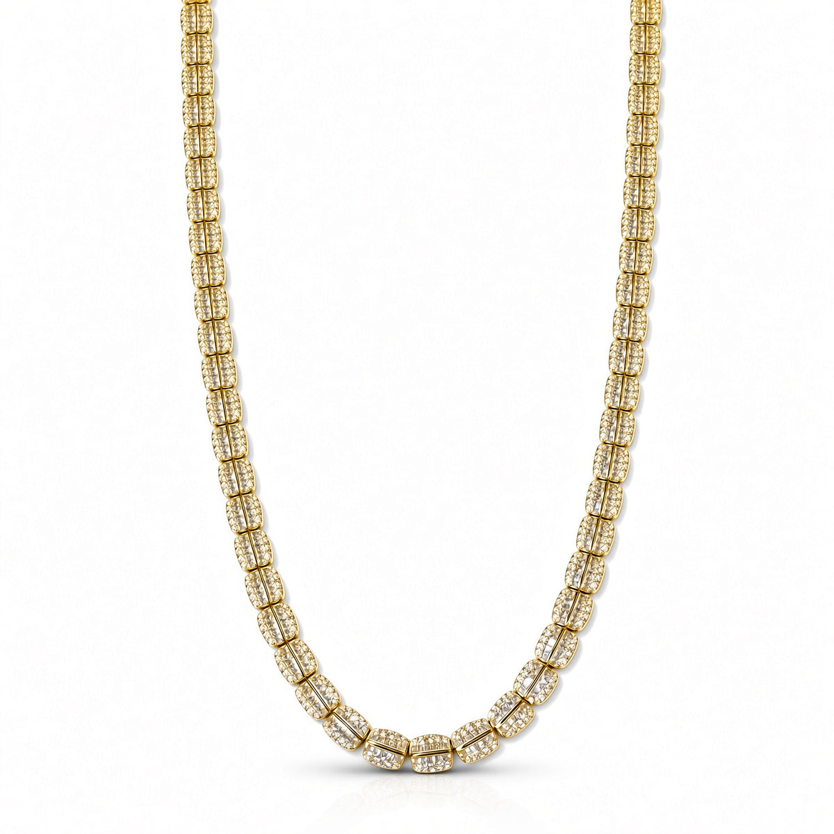 6.5mm two-row baguette tennis chain in 925 sterling silver, gold plated, set with cubic zirconia stones
