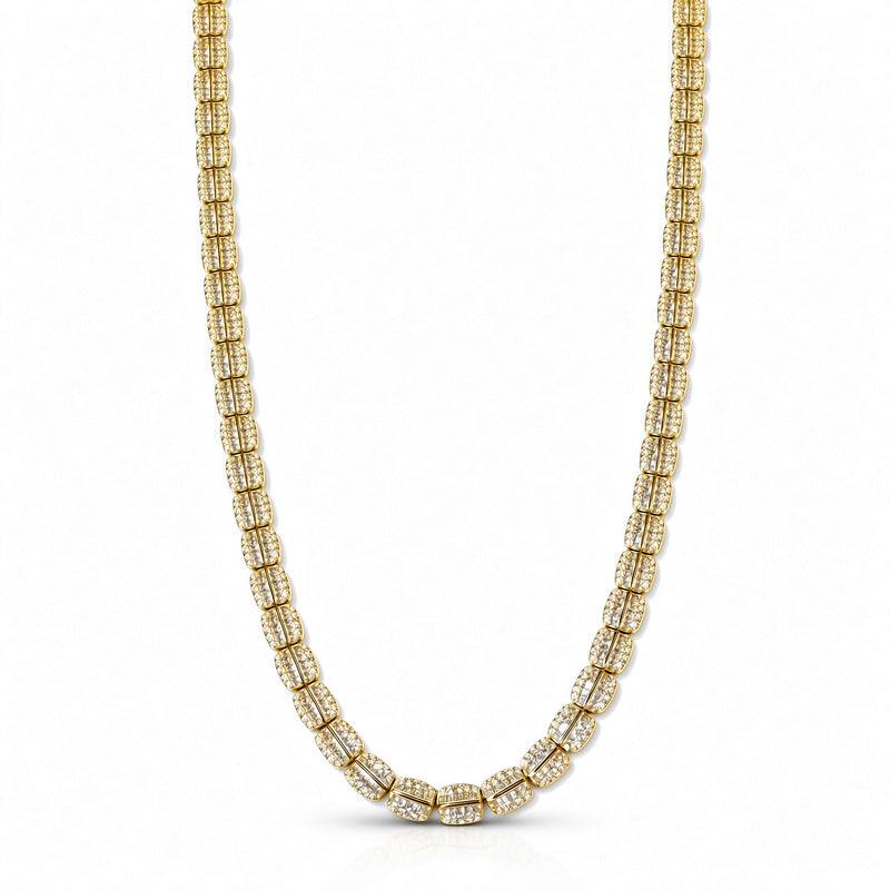 6.5mm two-row baguette tennis chain in 925 sterling silver, gold plated, set with cubic zirconia stones