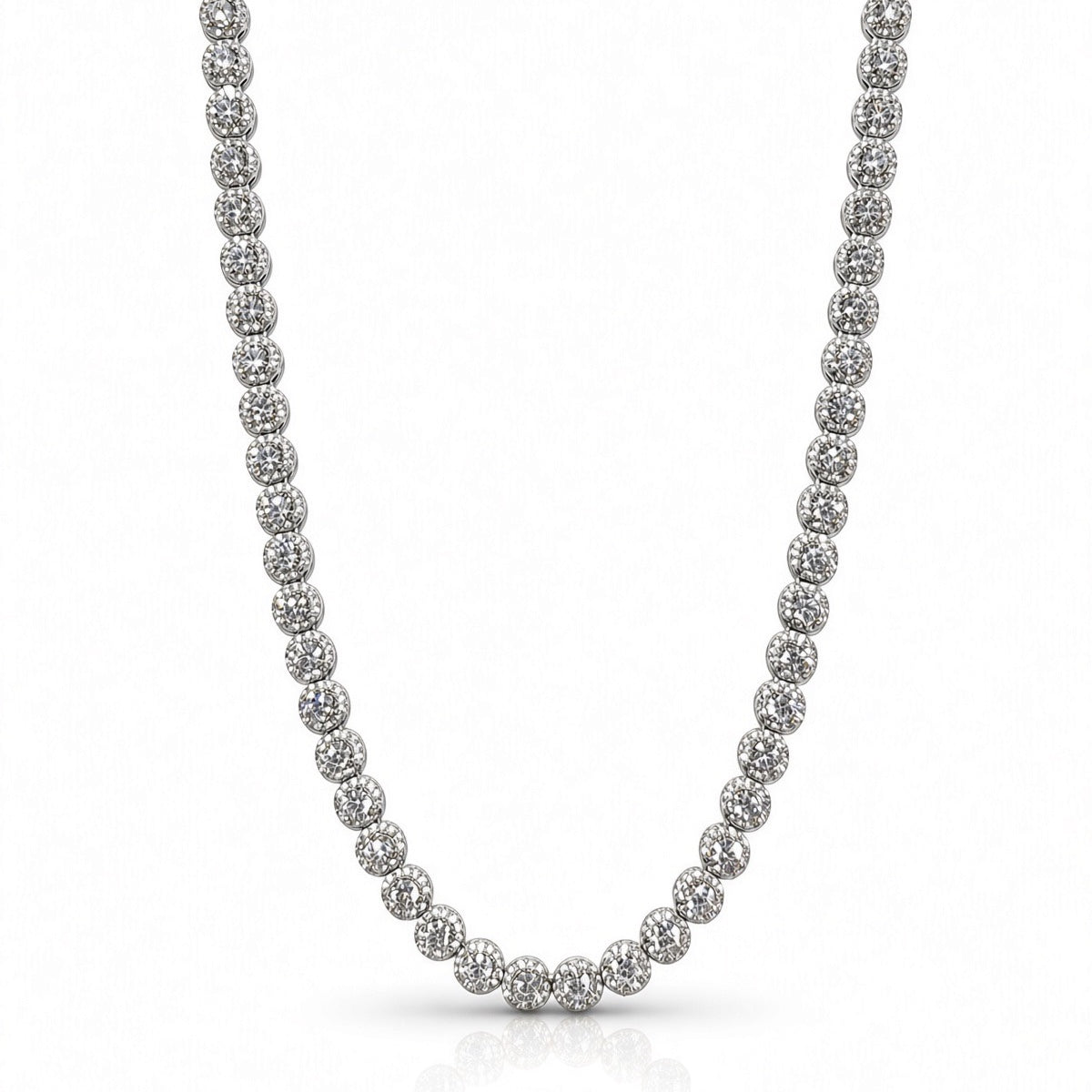 6.5mm halo bezel tennis chain in 925 sterling silver, rhodium plated, set with cubic zirconia stones