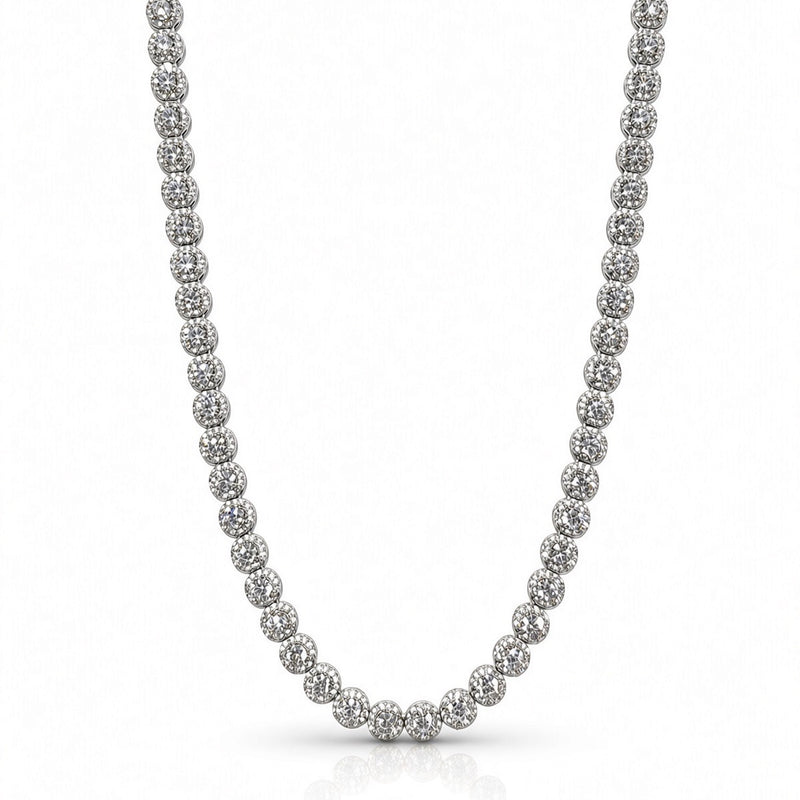 6.5mm halo bezel tennis chain in 925 sterling silver, rhodium plated, set with cubic zirconia stones