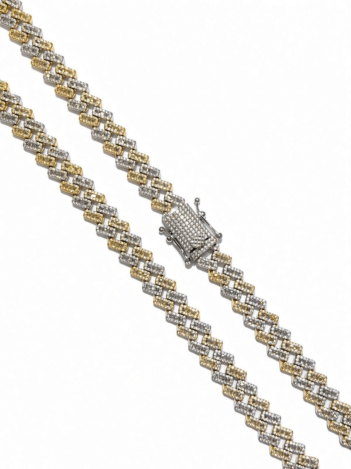 10mm cuban edge baguette chain in 925 sterling silver, two-tone gold, set with cubic zirconia stones