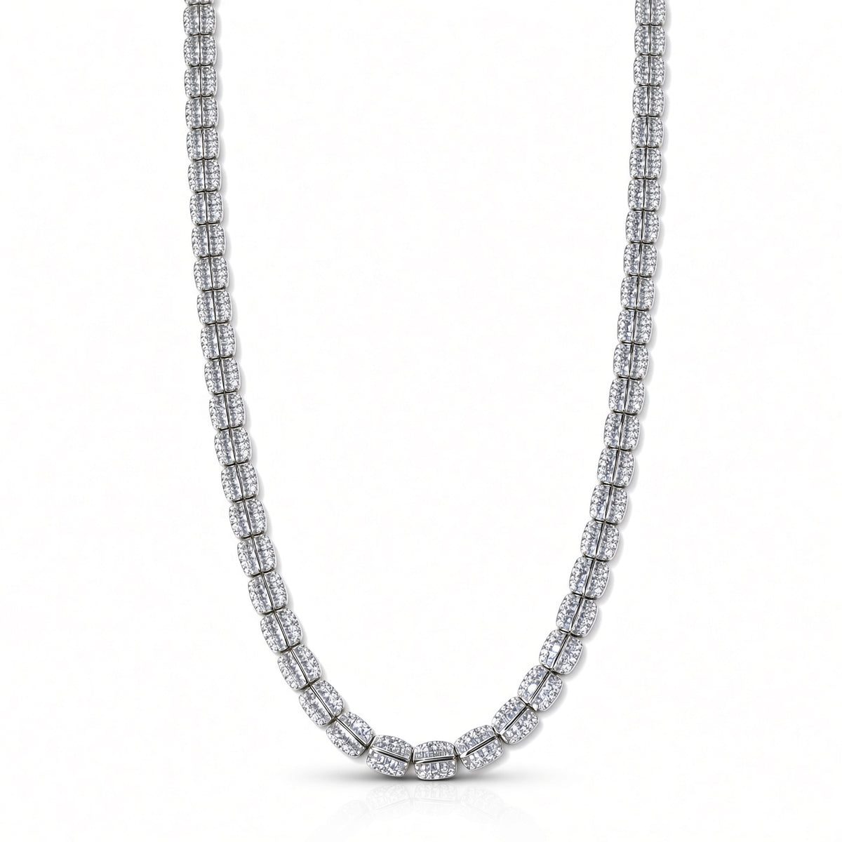 6.5mm two-row baguette tennis chain in 925 sterling silver, rhodium plated, set with cubic zirconia stones