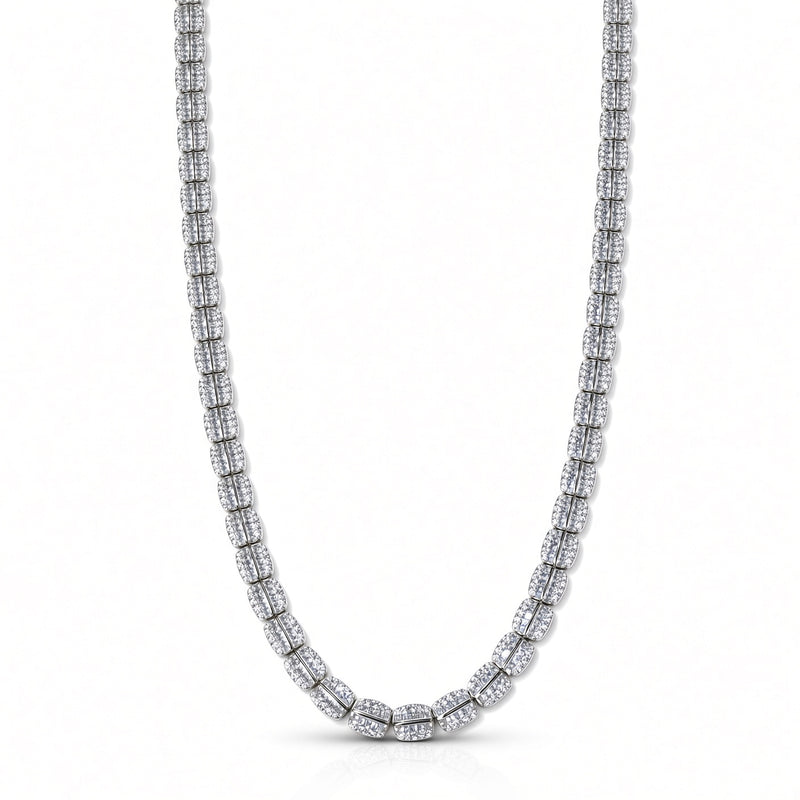 6.5mm two-row baguette tennis chain in 925 sterling silver, rhodium plated, set with cubic zirconia stones