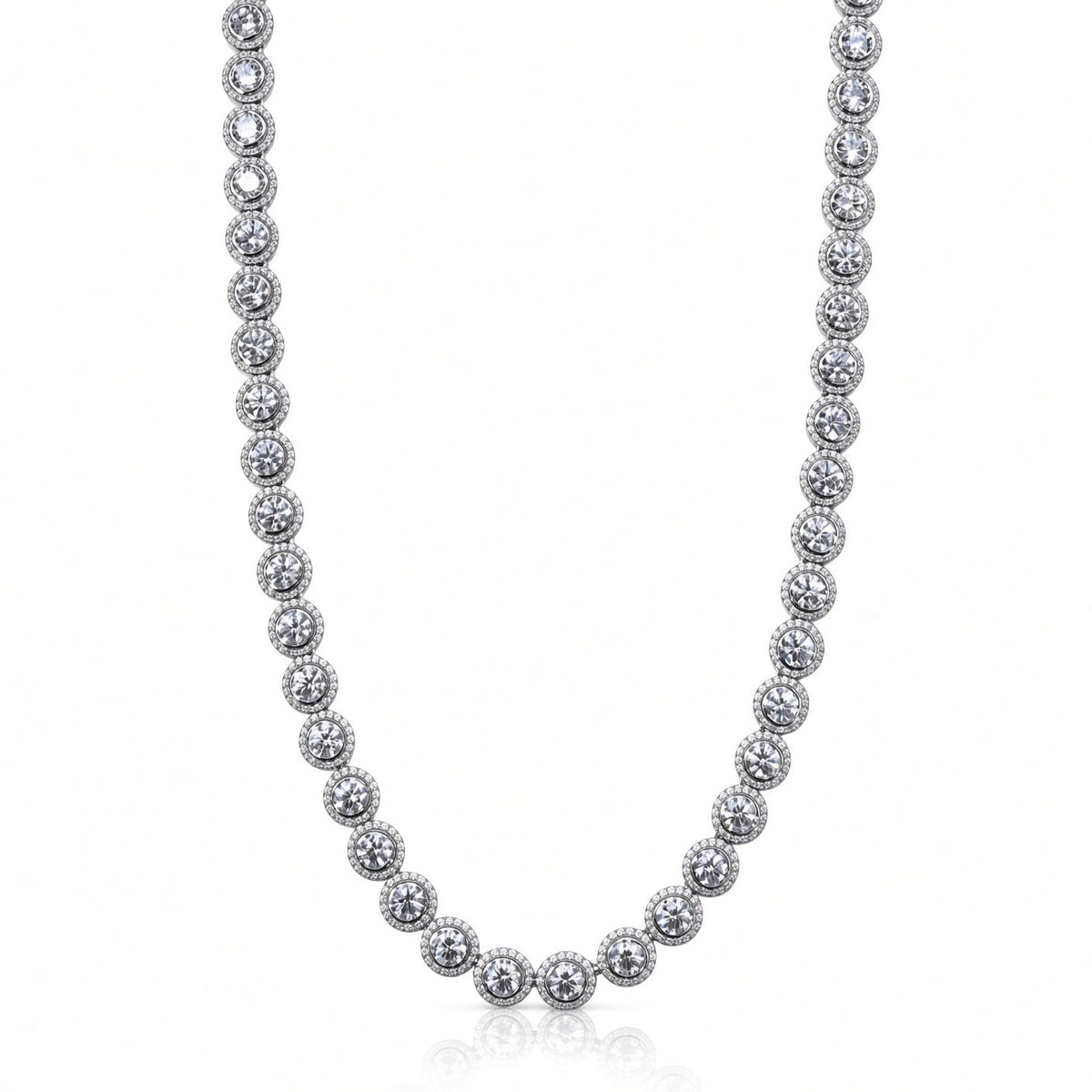 6.5mm flat halo bezel tennis chain in 925 sterling silver, rhodium plated, set with cubic zirconia stones