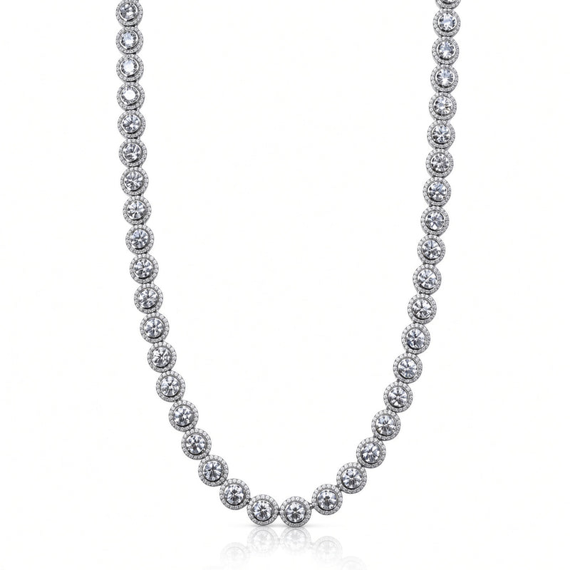 6.5mm flat halo bezel tennis chain in 925 sterling silver, rhodium plated, set with cubic zirconia stones