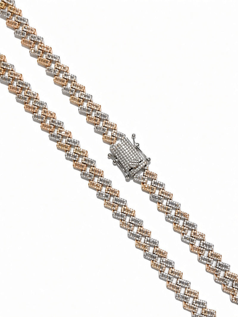 10mm cuban edge baguette chain in 925 sterling silver, two-tone rose, set with cubic zirconia stones