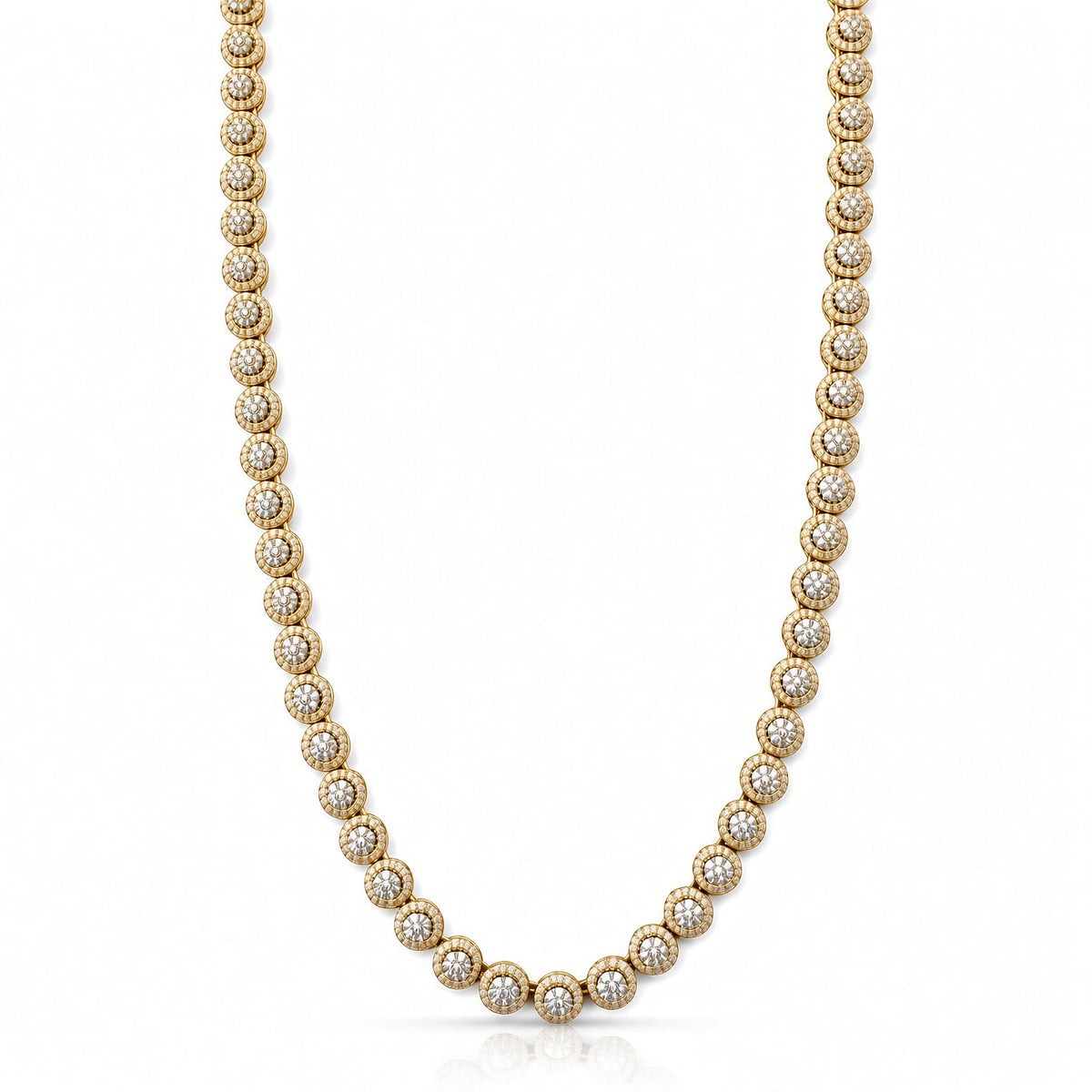 6.5mm pave bezel tennis chain in 925 sterling silver, gold plated, set with cubic zirconia stones