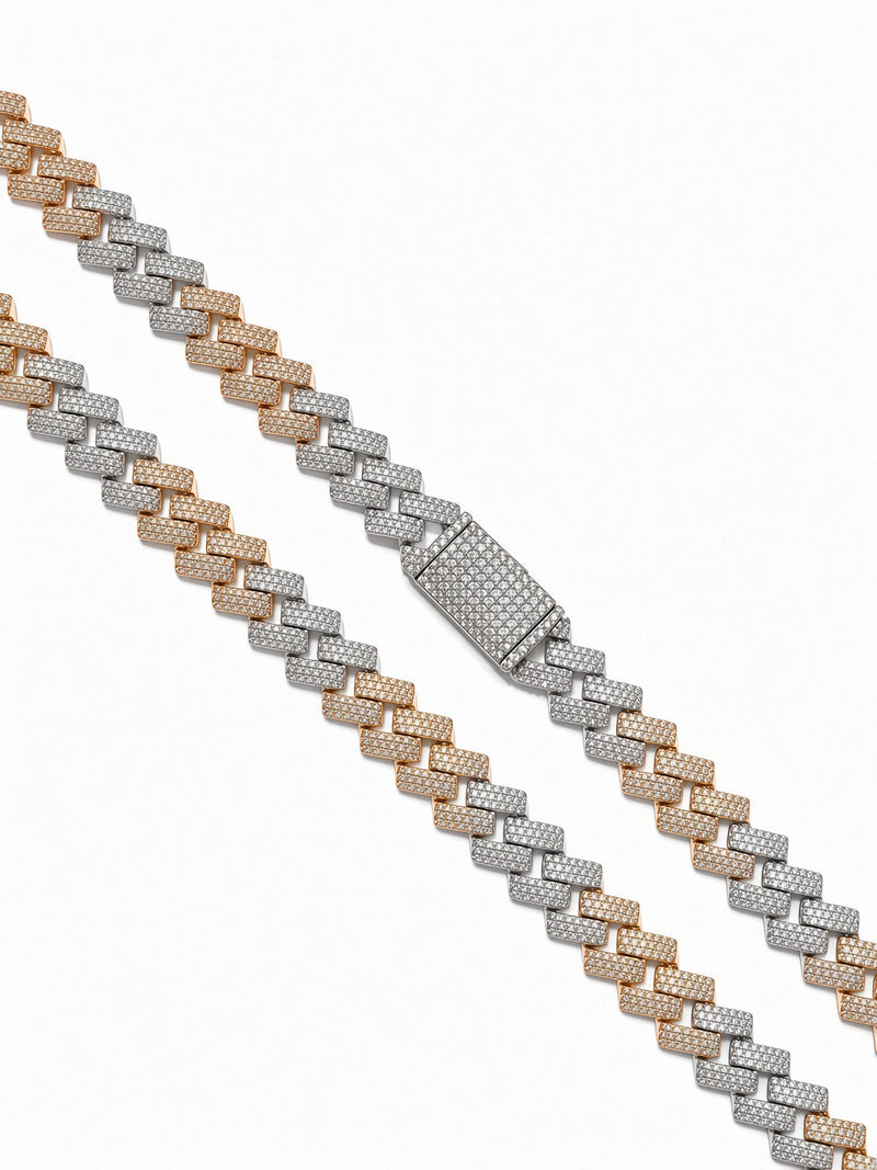 12mm cuban edge chain in 925 sterling silver, two-tone rose, set with cubic zirconia stones