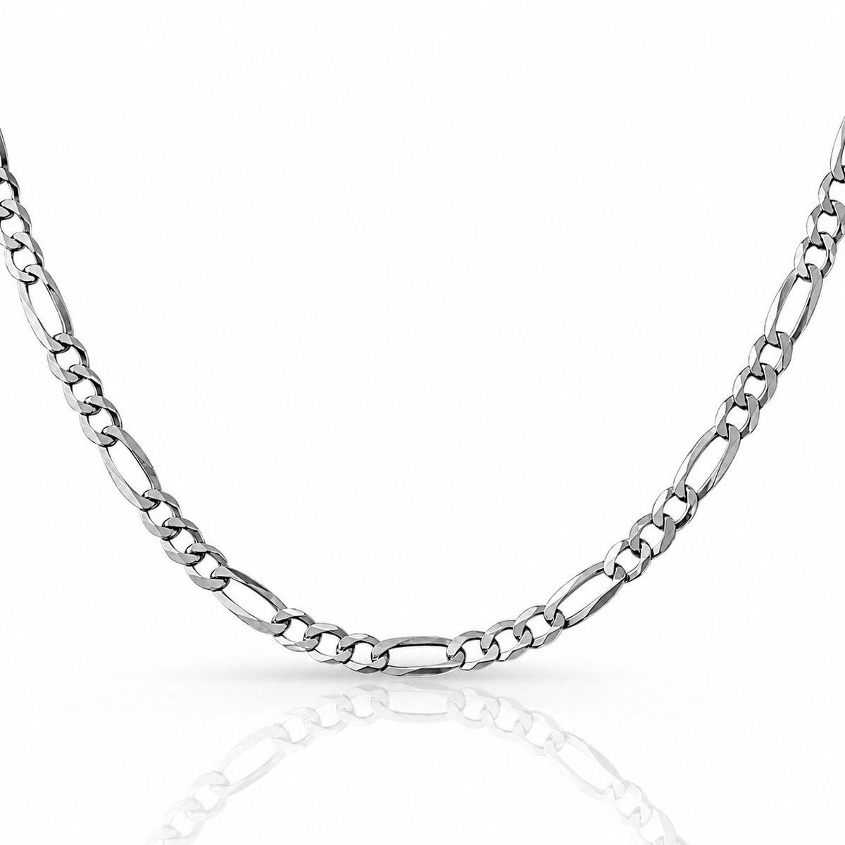 4mm Figaro chain in 925 sterling silver, rhodium plated, made in Italy