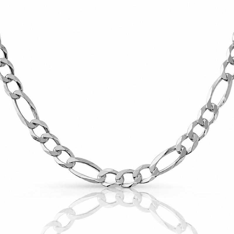 8.5mm Figaro chain in 925 sterling silver, rhodium plated, made in Italy