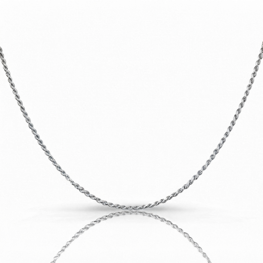 1.5mm rope chain in 925 sterling silver, rhodium plated, made in Italy