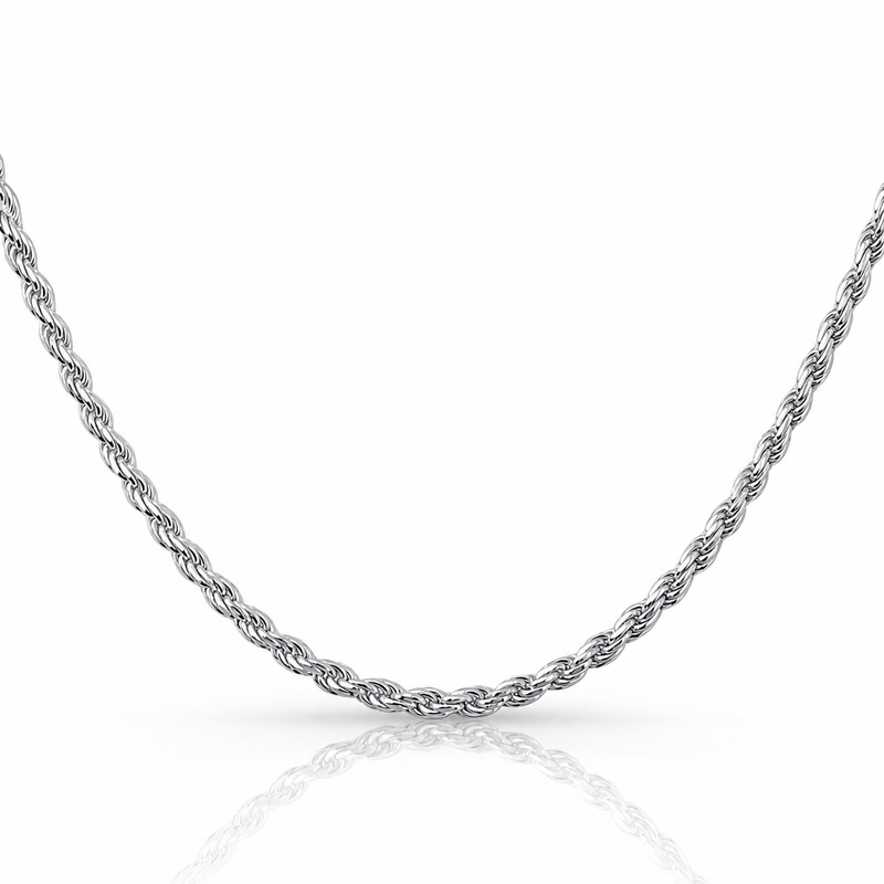 3mm rope chain in 925 sterling silver, rhodium plated, made in Italy
