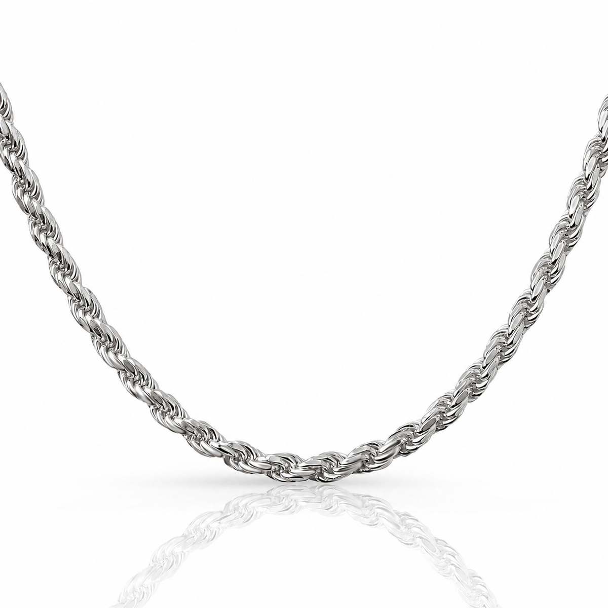 5mm rope chain in 925 sterling silver, rhodium plated, made in Italy
