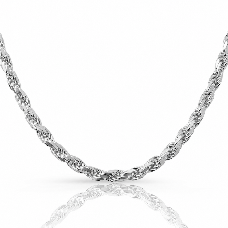6mm rope chain in 925 sterling silver, rhodium plated, made in Italy