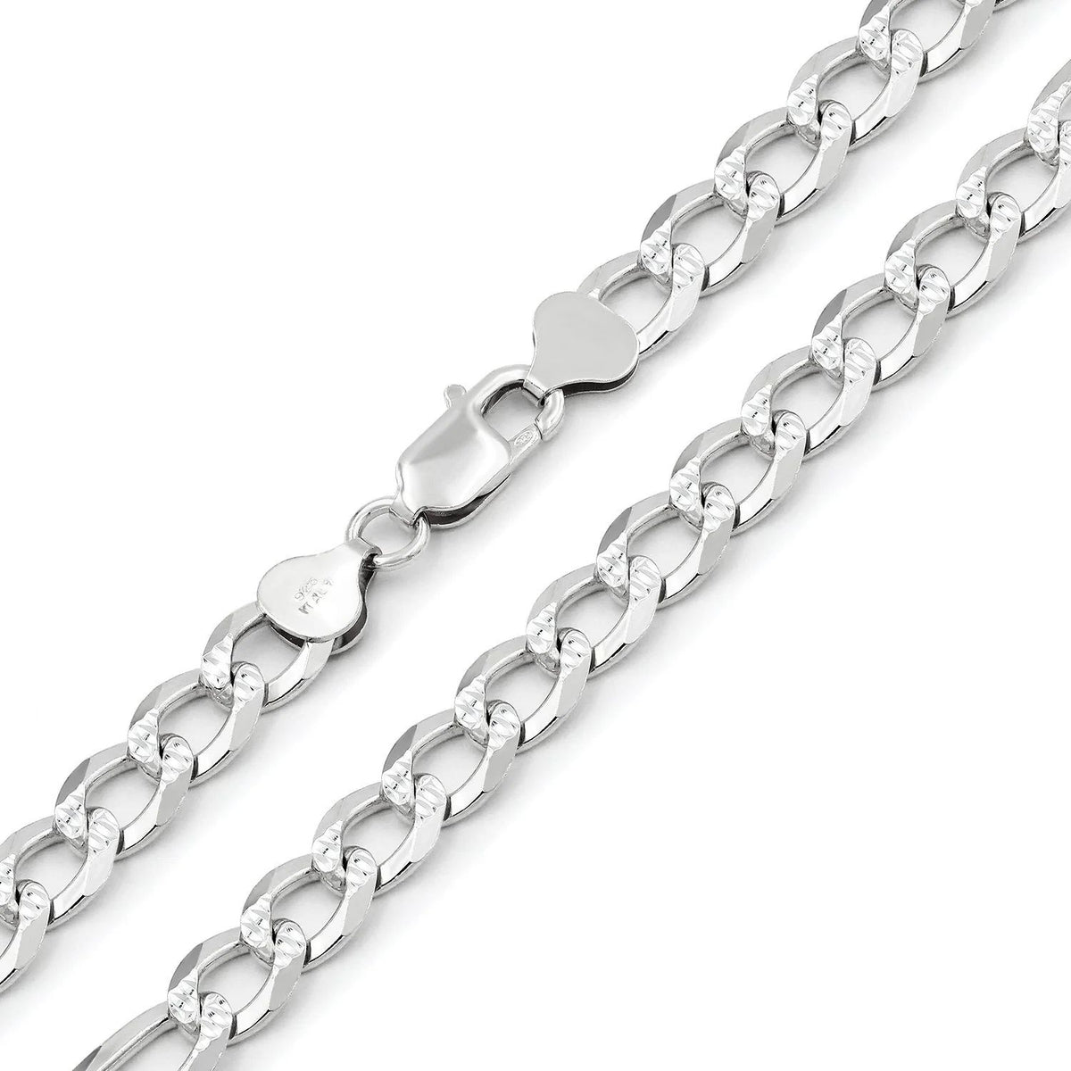7.5mm curb pave chain in 925 sterling silver, polished finish, made in Italy