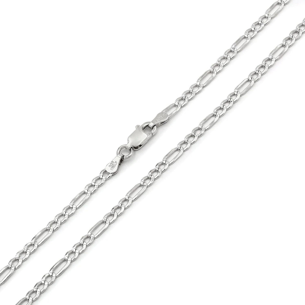 2mm Figaro pave chain in 925 sterling silver, polished finish, made in Italy