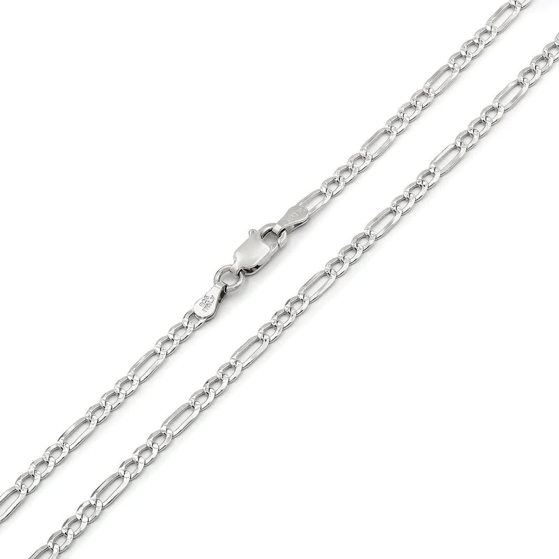 2mm Figaro pave chain in 925 sterling silver, polished finish, made in Italy