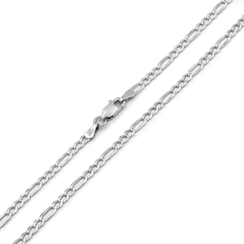 3mm Figaro pave chain in 925 sterling silver, polished finish, made in Italy