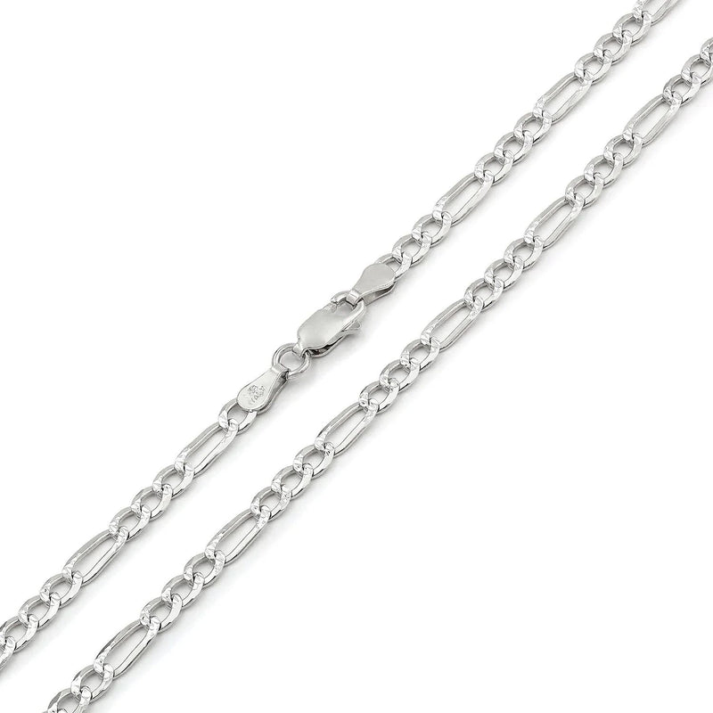 3.5mm Figaro pave chain in 925 sterling silver, polished finish, made in Italy