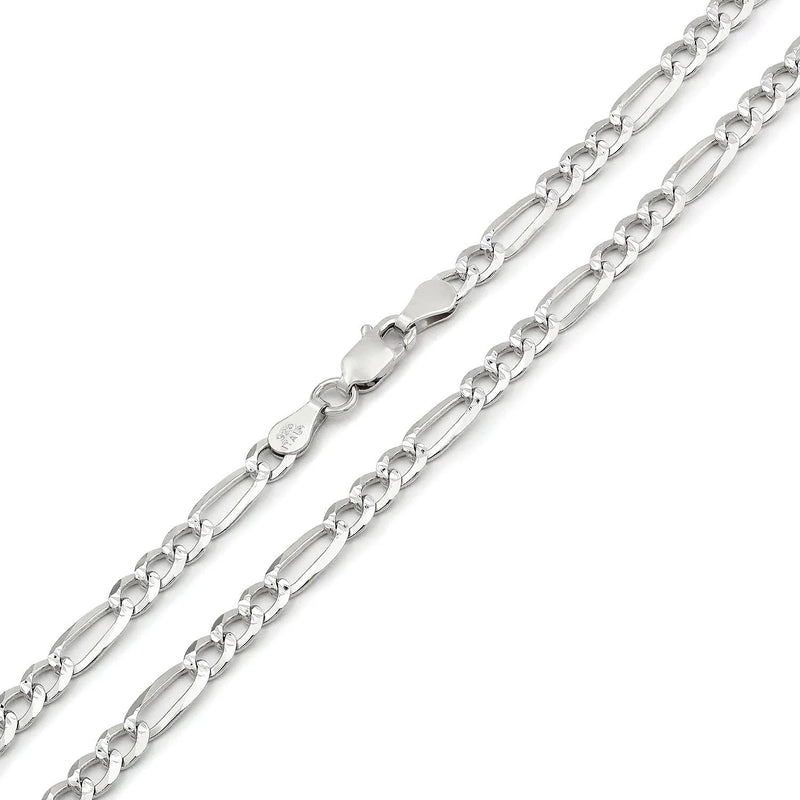 4mm Figaro pave chain in 925 sterling silver, polished finish, made in Italy