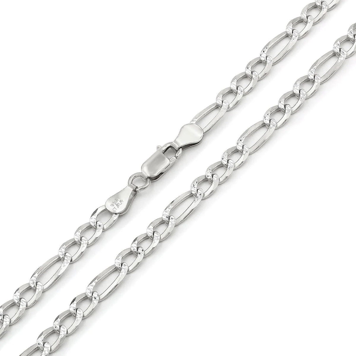5mm Figaro pave chain in 925 sterling silver, polished finish, made in Italy