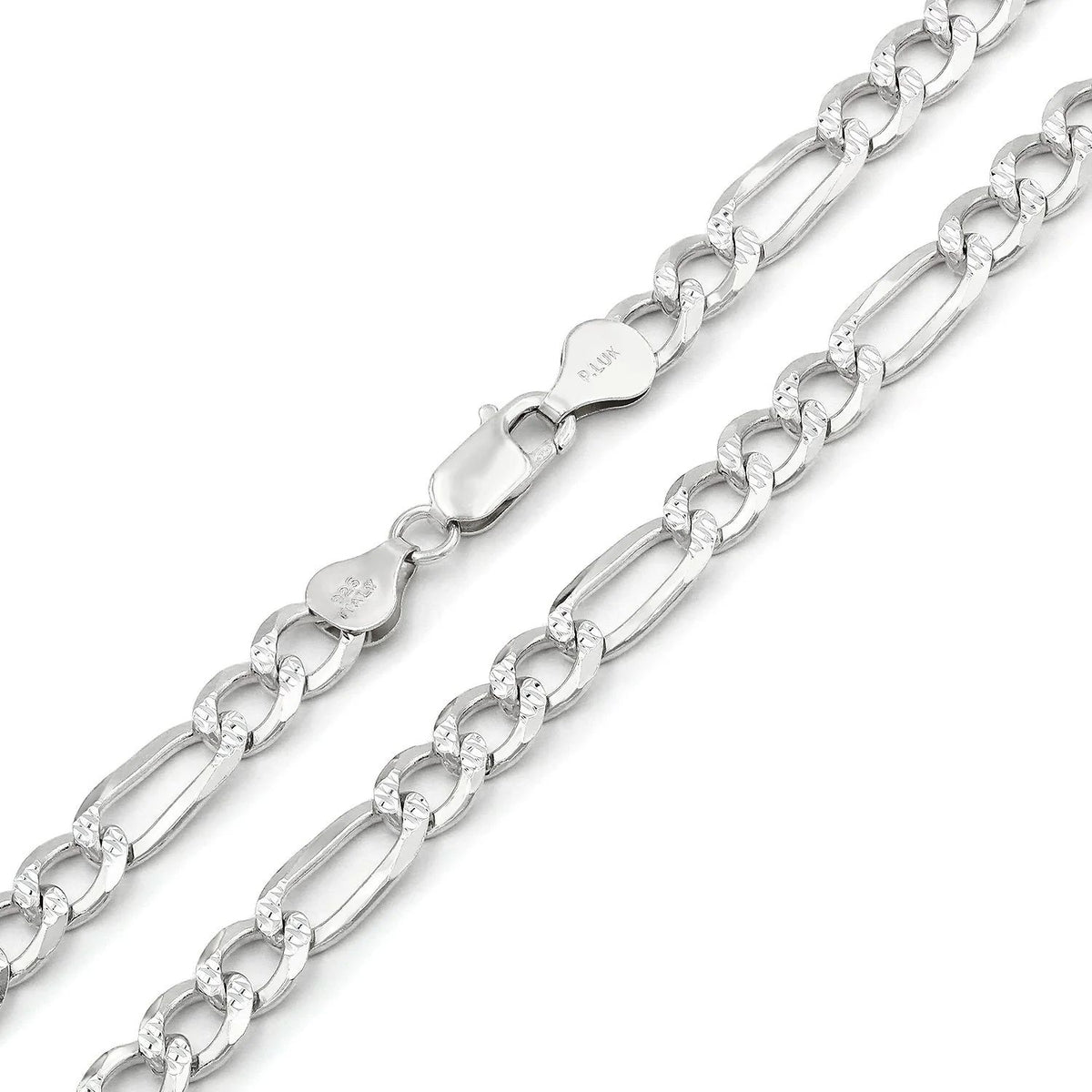 7mm Figaro pave chain in 925 sterling silver, polished finish, made in Italy