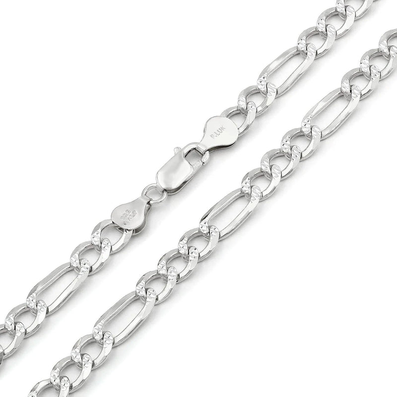 7mm Figaro pave chain in 925 sterling silver, polished finish, made in Italy
