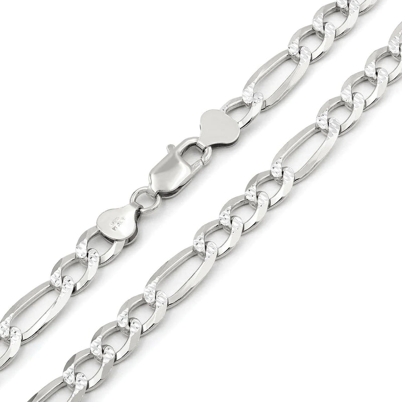 7.5mm Figaro pave chain in 925 sterling silver, polished finish, made in Italy