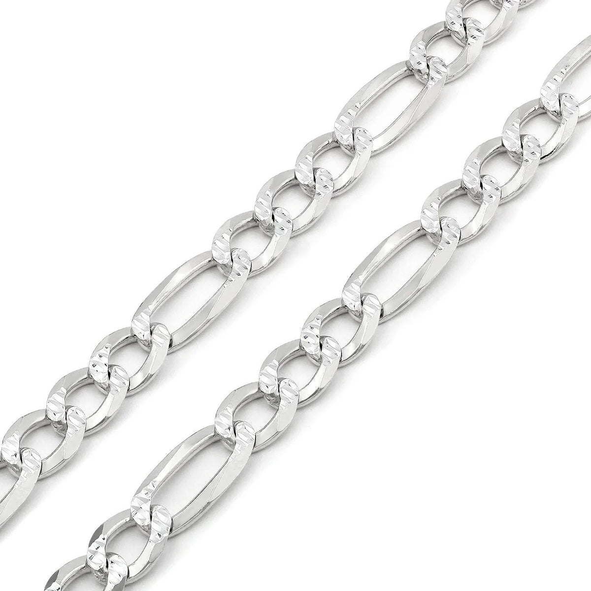 8.5mm Figaro pave chain in 925 sterling silver, polished finish, made in Italy