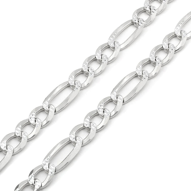 8.5mm Figaro pave chain in 925 sterling silver, polished finish, made in Italy