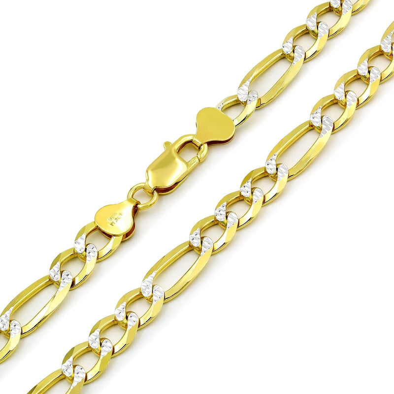 7.5mm Figaro pave chain in 925 sterling silver, two-tone, made in Italy