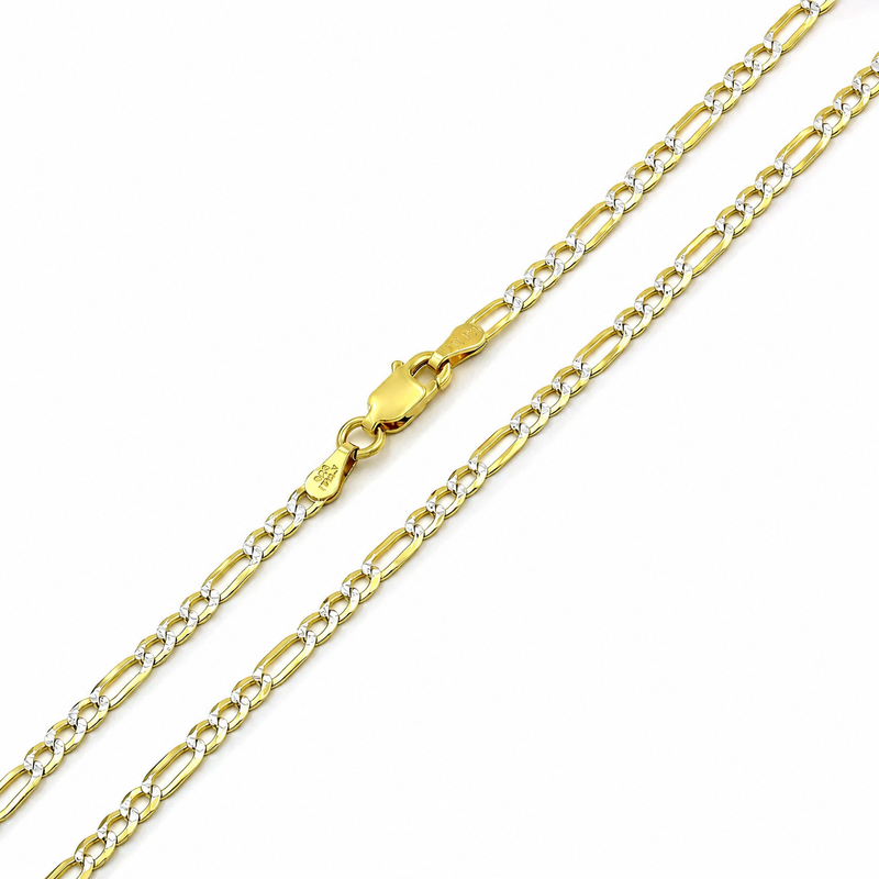 2mm Figaro pave chain in 925 sterling silver, two-tone, made in Italy