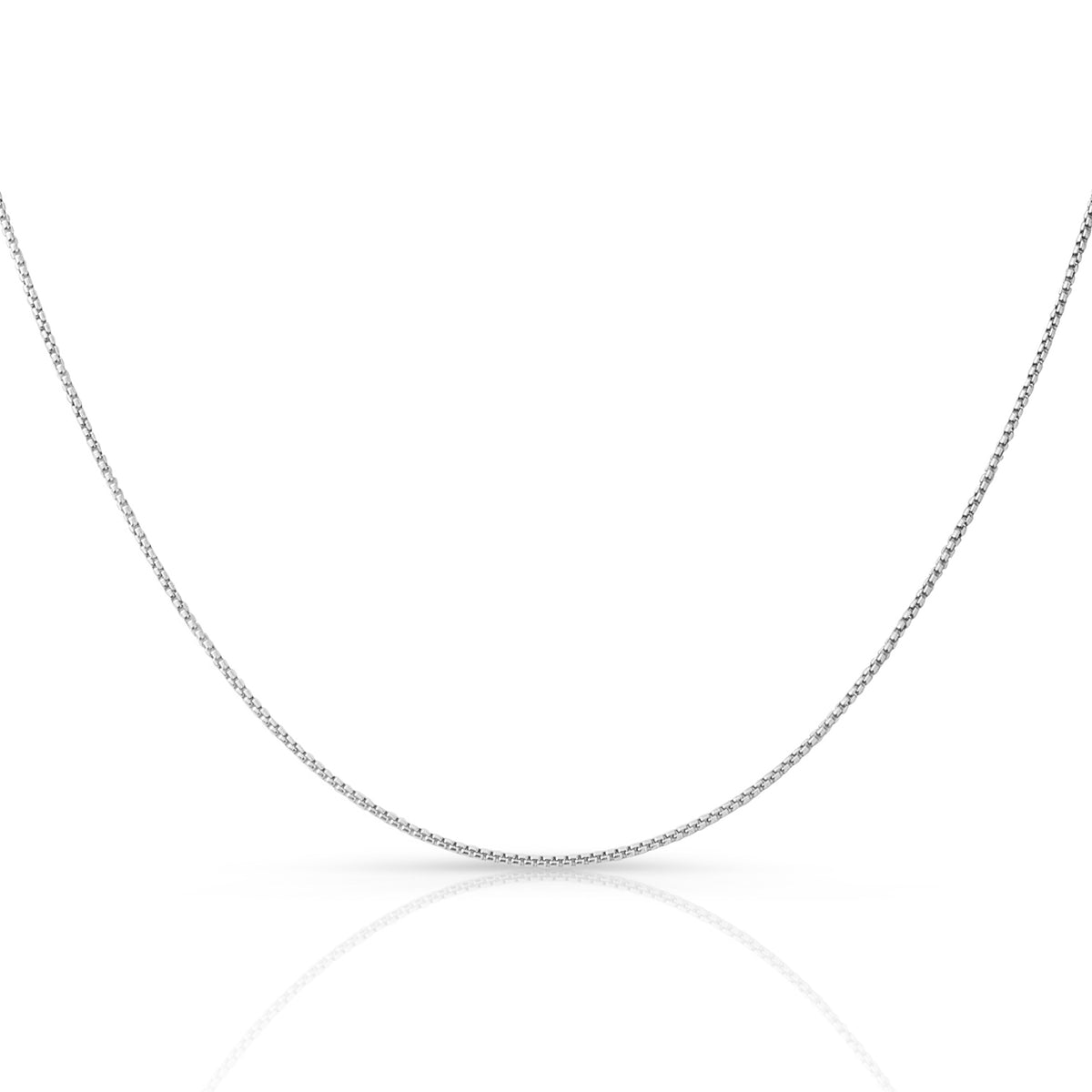 1.0mm round box chain in 925 sterling silver, rhodium plated, made in Italy
