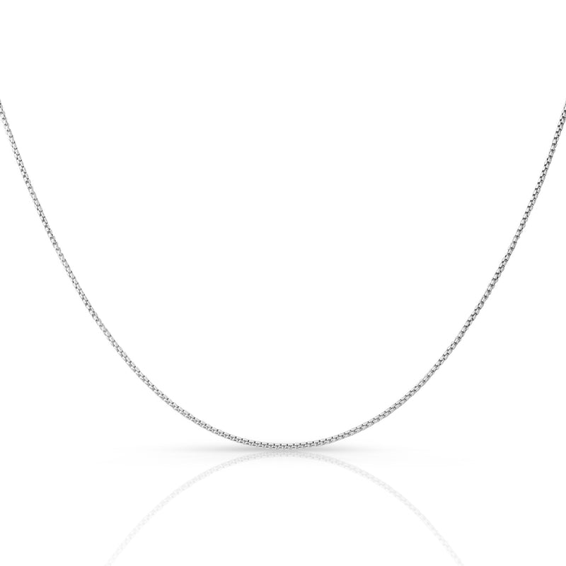 1.0mm round box chain in 925 sterling silver, rhodium plated, made in Italy