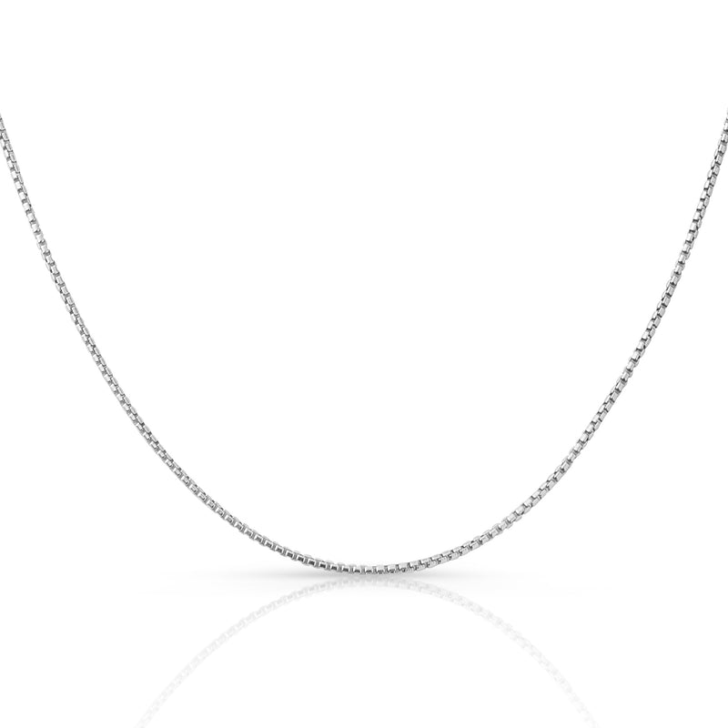 1.5mm round box chain in 925 sterling silver, rhodium plated, made in Italy
