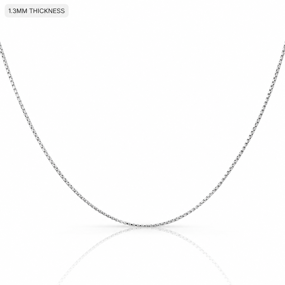 1.3mm round box chain in 925 sterling silver, rhodium plated, made in Italy