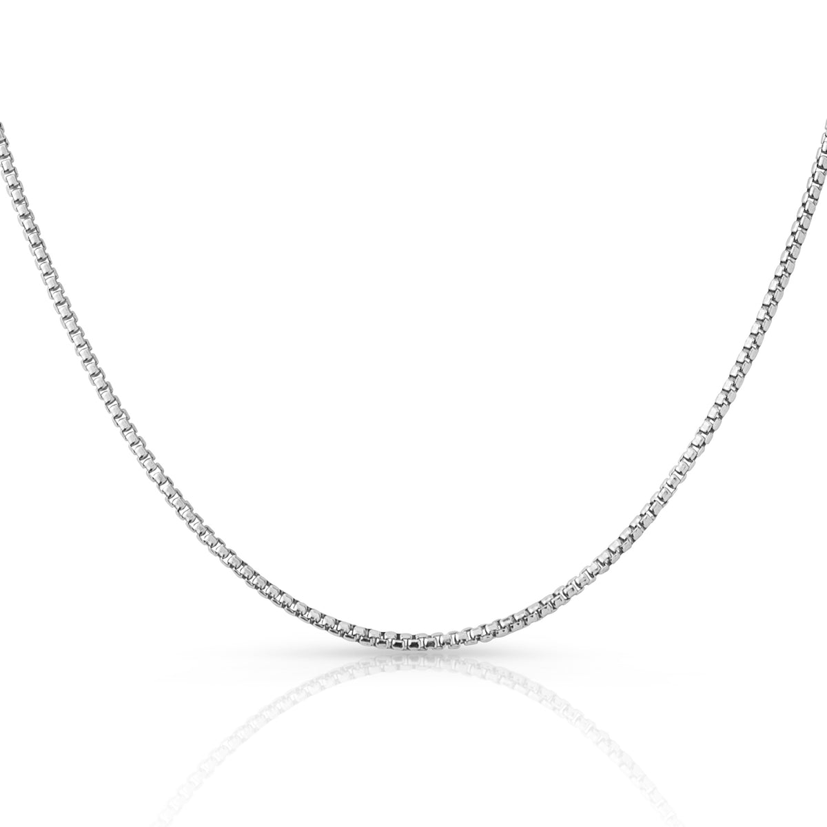 2.0mm round box chain in 925 sterling silver, rhodium plated, made in Italy