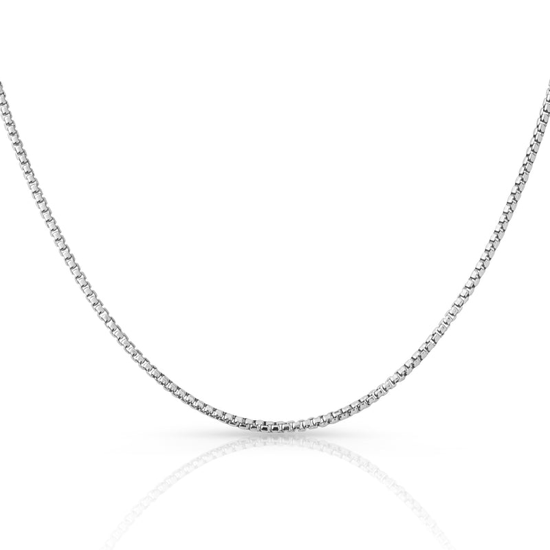 2.0mm round box chain in 925 sterling silver, rhodium plated, made in Italy