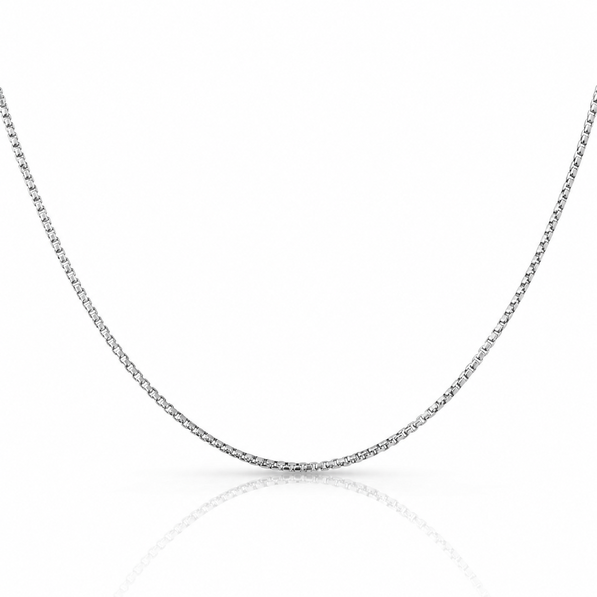 1.8mm round box chain in 925 sterling silver, rhodium plated, made in Italy