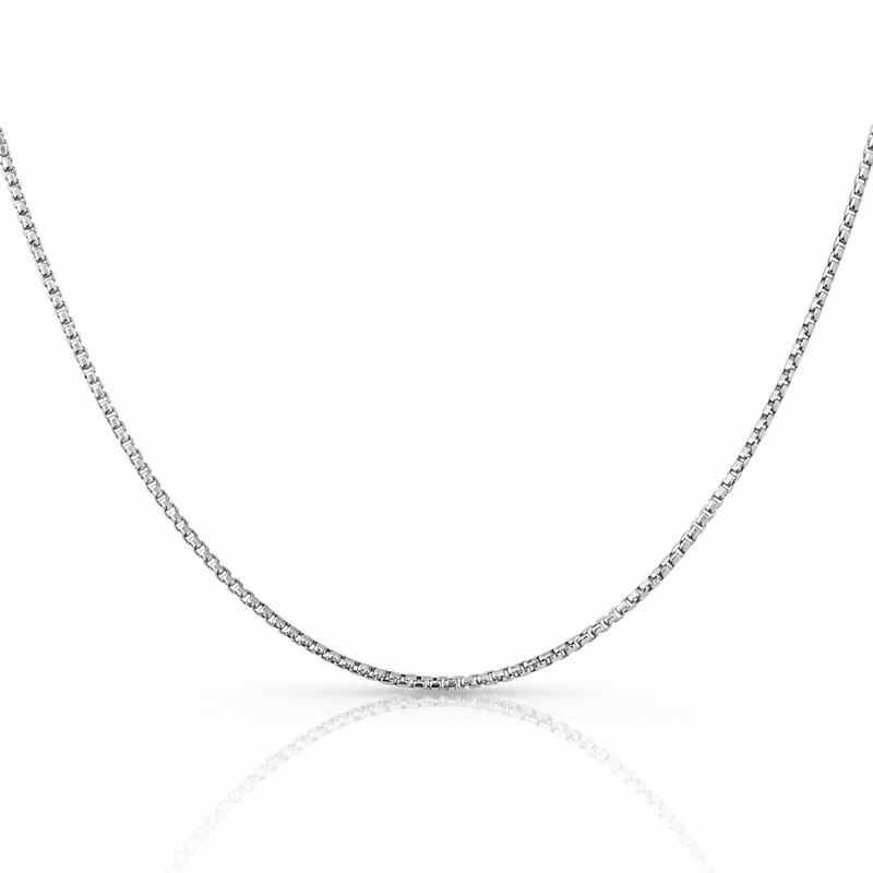 1.8mm round box chain in 925 sterling silver, rhodium plated, made in Italy