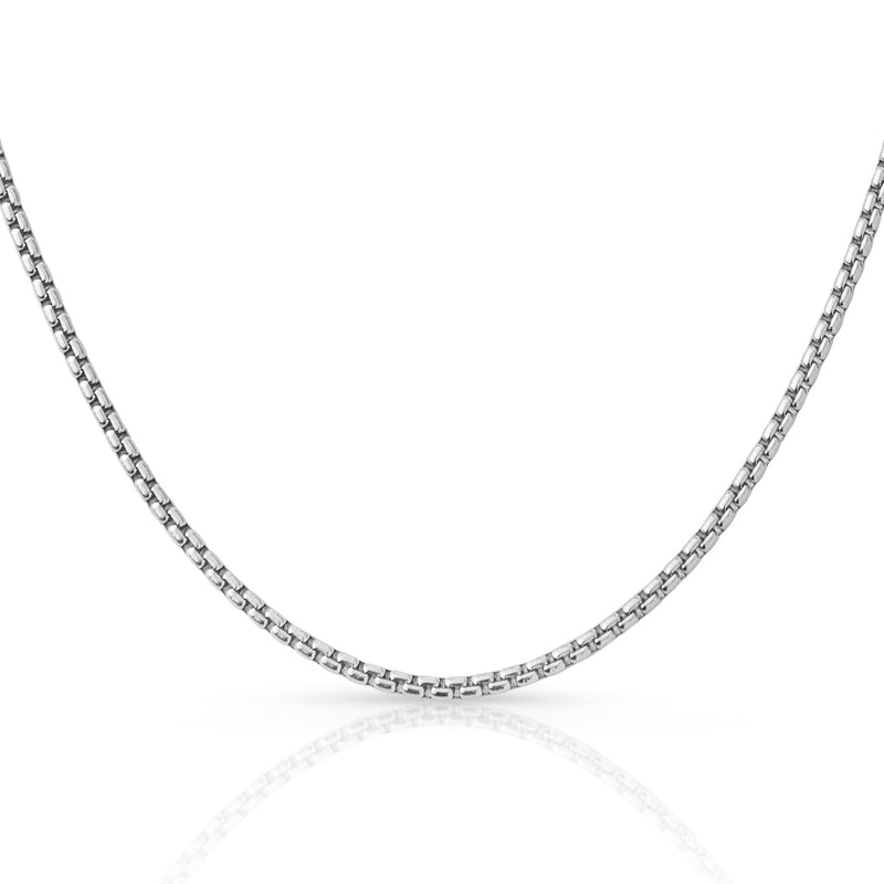 3.3mm round box chain in 925 sterling silver, rhodium plated, made in Italy