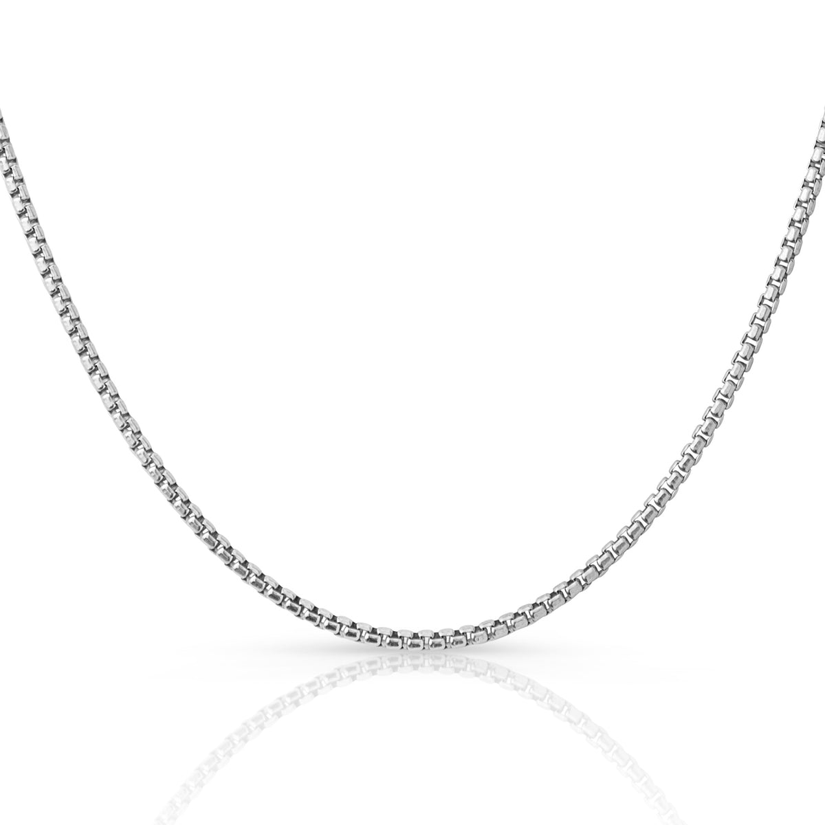 2.5mm round box chain in 925 sterling silver, rhodium plated, made in Italy
