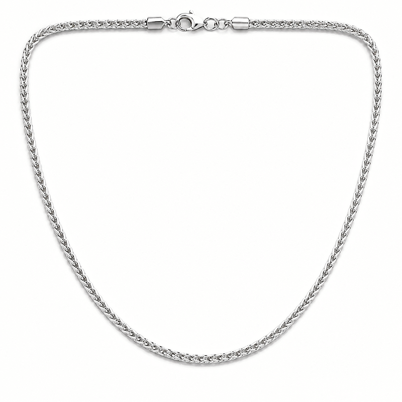 2.5mm wheat chain in 925 sterling silver, rhodium plated, made in Italy