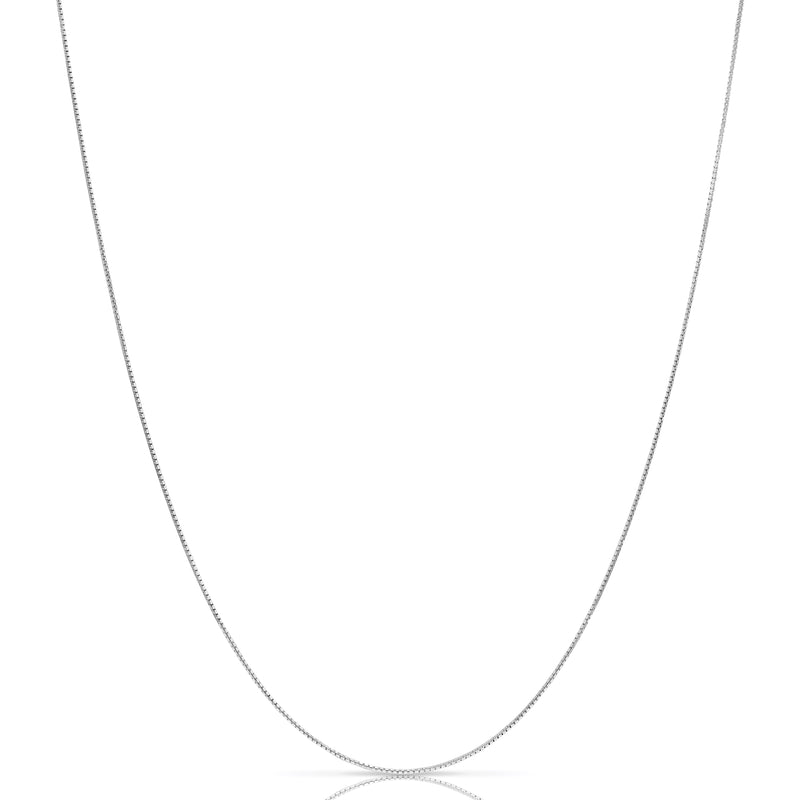 0.8mm box chain in 925 sterling silver, rhodium plated, made in Italy