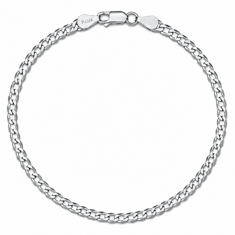 3mm curb bracelet in 925 sterling silver, rhodium plated, made in Italy