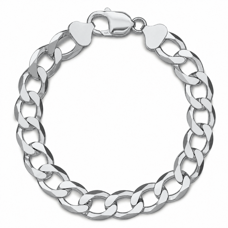 10.5mm curb bracelet in 925 sterling silver, rhodium plated, made in Italy