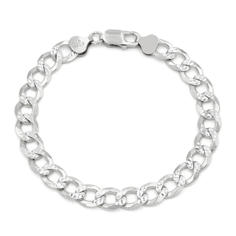 8.5mm curb pave bracelet in 925 sterling silver, polished finish, made in Italy