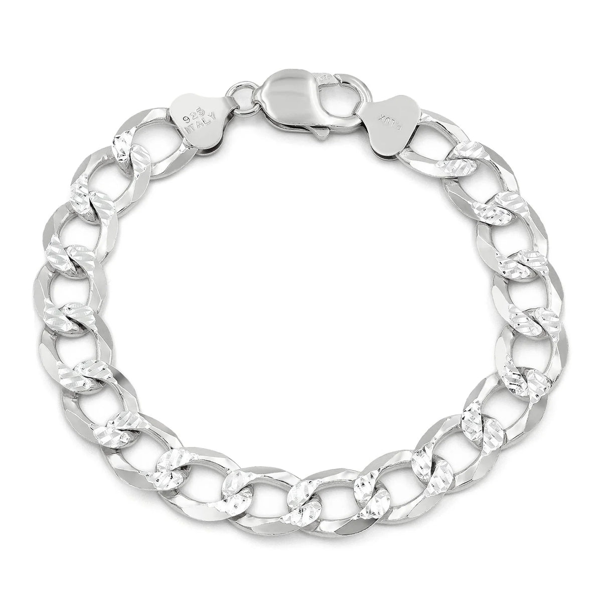 10.5mm curb pave bracelet in 925 sterling silver, polished finish, made in Italy